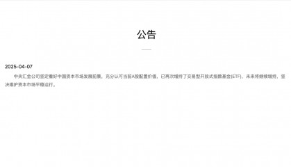 中央汇金公司公告：坚决维护资本市场平稳运行